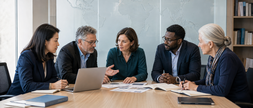International professionals collaborating in an academic setting