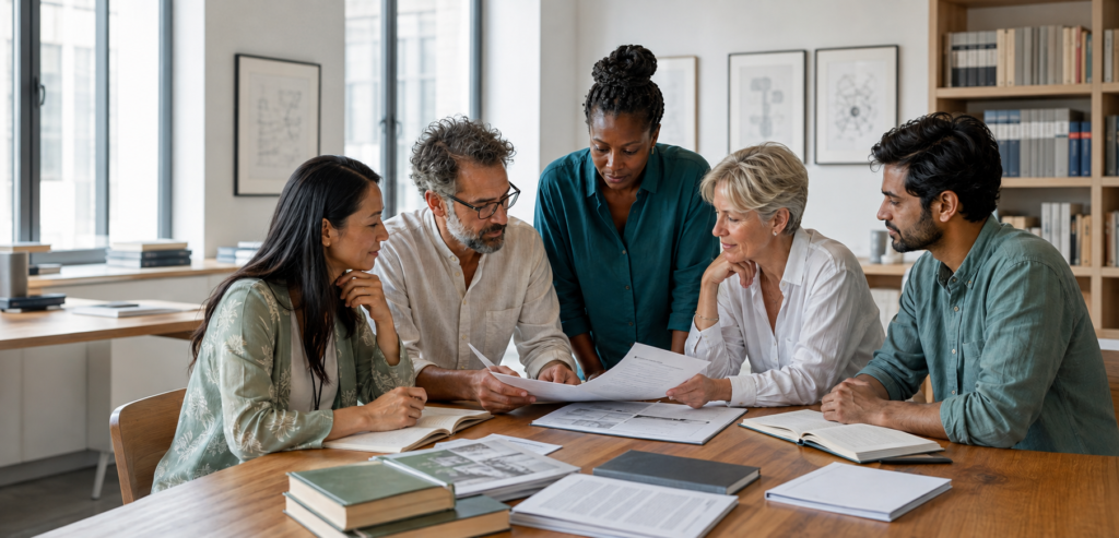 International professionals collaborating in an academic research environment